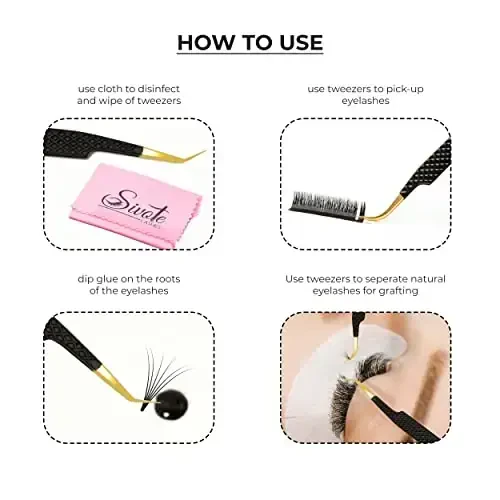 SIVOTE Fiber Tip Lash Tweezers for Eyelash Extensions with Diamond Grip, Black, Set of 4 - Precise Tips Japanese Steel for Classic, Volume & Mega Volume Lashes, Anti-Rust - Ideal for Lash Artists - 6