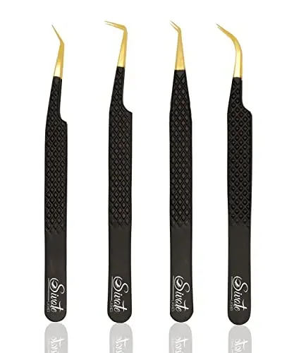 SIVOTE Fiber Tip Lash Tweezers for Eyelash Extensions with Diamond Grip, Black, Set of 4 - Precise Tips Japanese Steel for Classic, Volume & Mega Volume Lashes, Anti-Rust - Ideal for Lash Artists 