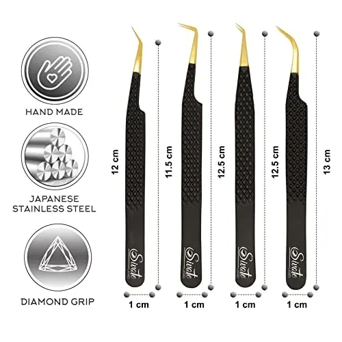 SIVOTE Fiber Tip Lash Tweezers for Eyelash Extensions with Diamond Grip, Black, Set of 4 - Precise Tips Japanese Steel for Classic, Volume & Mega Volume Lashes, Anti-Rust - Ideal for Lash Artists - 4