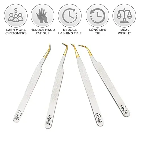SIVOTE Fiber Tip Lash Tweezers for Eyelash Extensions with Diamond Grip, White, Set of 4 - Precise Tips Japanese Steel for Classic, Volume & Mega Volume Lashes, Anti-Rust - Ideal for Lash Artists - 2