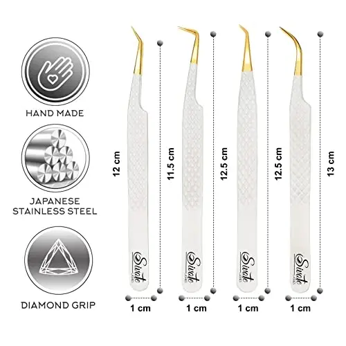 SIVOTE Fiber Tip Lash Tweezers for Eyelash Extensions with Diamond Grip, White, Set of 4 - Precise Tips Japanese Steel for Classic, Volume & Mega Volume Lashes, Anti-Rust - Ideal for Lash Artists - 4