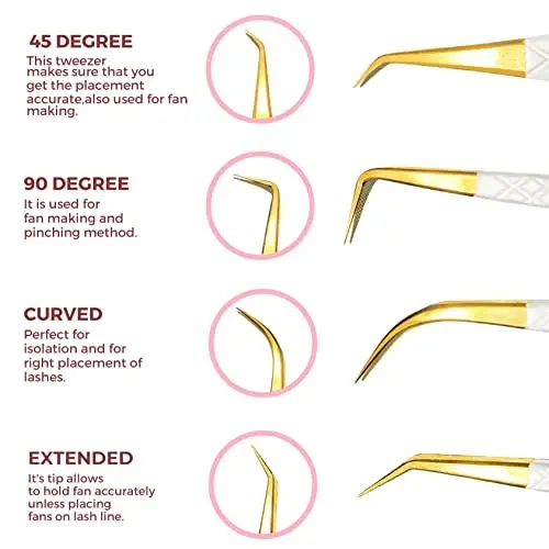 SIVOTE Fiber Tip Lash Tweezers for Eyelash Extensions with Diamond Grip, White, Set of 4 - Precise Tips Japanese Steel for Classic, Volume & Mega Volume Lashes, Anti-Rust - Ideal for Lash Artists - 5