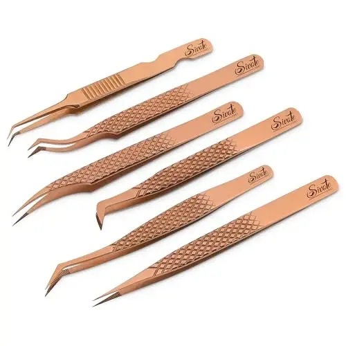 SIVOTE Kiprik qo'shimchalari uchun pinsetlar Fiber uchlari Yaponiya po'lati, 6 dona to'plam - Egri, Delfin, 90° 45° Hacimli etik va biroz egri pinset - Kiprik qo'shimchalari uchun professional kirpik pinsetlari Oltingul oltin - SIVOTE