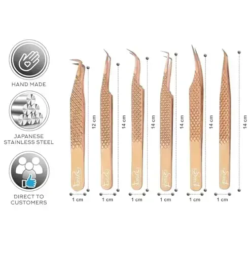 SIVOTE Kiprik qo'shimchasi uchun pinsetlar Fiber Uchlari, 6 dona to'plam, Egri, Delfin, 90 daraja 45 daraja, Hacim çizme va hafif kavisli pinset, Gül Altın - 4