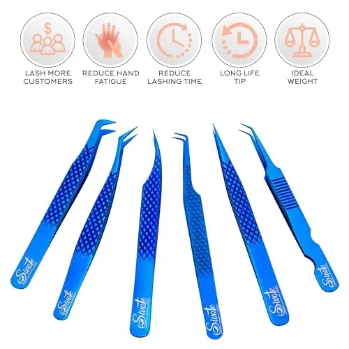 SIVOTE Kiprik qo'shimchasi uchun pinsetlar Fiber uchlari Yapon po'lati, 6 to'plam - Egri, Delfin, 90° 45° Hoshiya etik va ozgina egri pinset - Kiprik qo'shimchalari uchun professional kiprik pinsetlari Moviy - 3