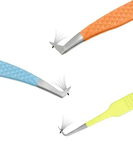 SIVOTE Kiprik uzaytirish uchun Lash cımbızlari Fiber uchlari, 3 to'plam, Hacim, Hacim yuklash, 90 daraja cımbız, Moviy Sariq Apelsin - 1