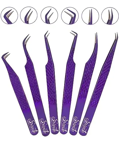 SIVOTE Eyelash Extension Tweezers Fiber Tips, Set of 6, Curved, Dolphin, 90 Degree 45 Degree, Volume Boot & Slight Curved Tweezer, Purple - 1