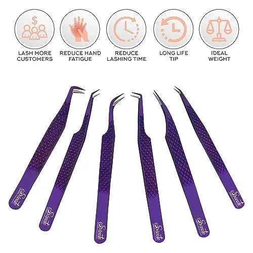 SIVOTE Eyelash Extension Tweezers Fiber Tips, Set of 6, Curved, Dolphin, 90 Degree 45 Degree, Volume Boot & Slight Curved Tweezer, Purple - 5