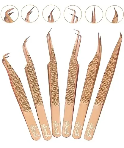 SIVOTE Eyelash Extension Tweezers Fiber Tips, Set of 6, Curved, Dolphin, 90 Degree 45 Degree, Volume Boot & Slight Curved Tweezer, Rose Gold 