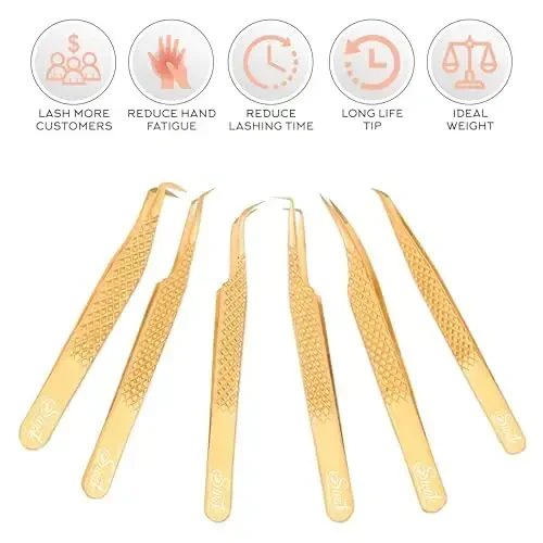 SIVOTE Eyelash Extension Tweezers Fiber Tips Japanese Steel, Set of 6, Curved, Dolphin, 90 Degree 45 Degree, Volume Boot & Slight Curved Tweezer, Gold - SIVOTE (1)