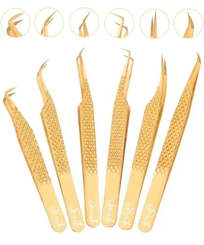 SIVOTE Eyelash Extension Tweezers Fiber Tips Japanese Steel, Set of 6, Curved, Dolphin, 90 Degree 45 Degree, Volume Boot & Slight Curved Tweezer, Gold 
