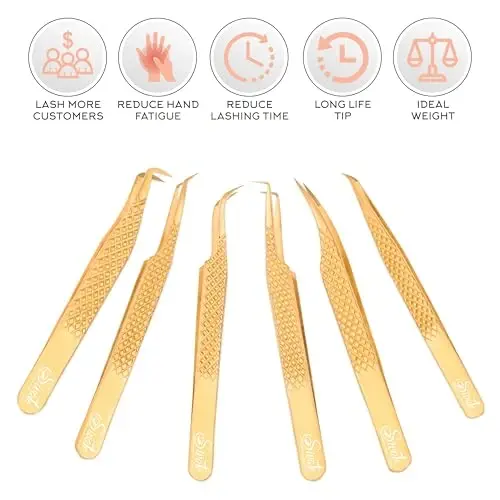 SIVOTE Eyelash Extension Tweezers Fiber Tips, Set of 6, Curved, Dolphin, 90 Degree 45 Degree, Volume Boot & Slight Curved Tweezer, Rose Gold - 2