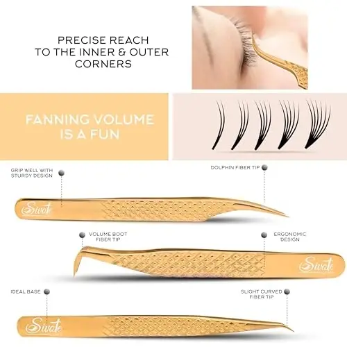 SIVOTE Eyelash Extension Tweezers Fiber Tips, Set of 6, Curved, Dolphin, 90 Degree 45 Degree, Volume Boot & Slight Curved Tweezer, Rose Gold - 4