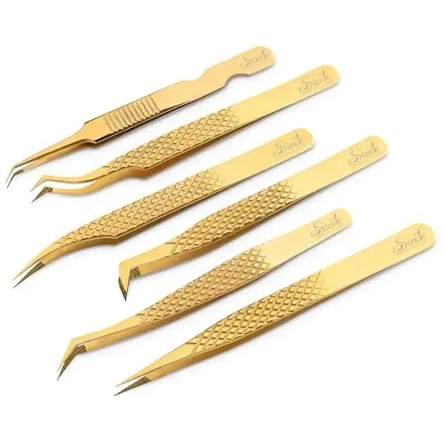 SIVOTE Eyelash Extension Tweezers Fiber Tips Japanese Steel, Set of 6 – Curved, Dolphin, 90° 45° Volume Boot & Slight Curved Tweezer – Professional Lash Tweezers for Lash Extensions Gold - 1