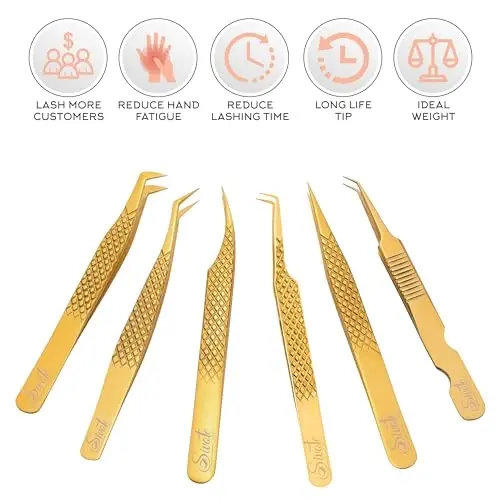 SIVOTE Eyelash Extension Tweezers Fiber Tips Japanese Steel, Set of 6 – Curved, Dolphin, 90° 45° Volume Boot & Slight Curved Tweezer – Professional Lash Tweezers for Lash Extensions Gold - 2
