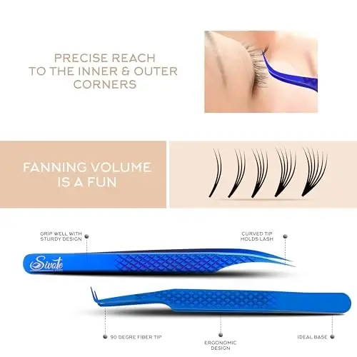 SIVOTE Eyelash Extension Tweezers Fiber Tips Japanese Steel, Set of 6 – Curved, Dolphin, 90° 45° Volume Boot & Slight Curved Tweezer – Professional Lash Tweezers for Lash Extensions Blue - 4