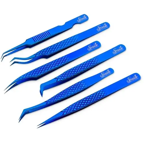 SIVOTE Eyelash Extension Tweezers Fiber Tips Japanese Steel, Set of 6 – Curved, Dolphin, 90° 45° Volume Boot & Slight Curved Tweezer – Professional Lash Tweezers for Lash Extensions Blue - 1