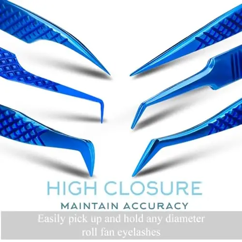 SIVOTE Eyelash Extension Tweezers Fiber Tips Japanese Steel, Set of 6 – Curved, Dolphin, 90° 45° Volume Boot & Slight Curved Tweezer – Professional Lash Tweezers for Lash Extensions Blue - 5