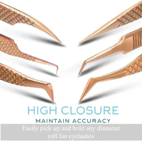 SIVOTE Eyelash Extension Tweezers Fiber Tips Japanese Steel, Set of 6 – Curved, Dolphin, 90° 45° Volume Boot & Slight Curved Tweezer – Professional Lash Tweezers for Lash Extensions Rose Gold - 5