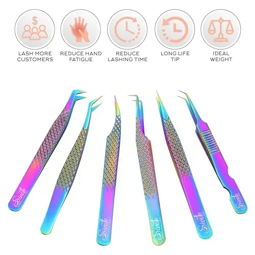 SIVOTE Eyelash Extension Tweezers Fiber Tips Japanese Steel, Set of 6 – Curved, Dolphin, 90° 45° Volume Boot & Slight Curved Tweezer – Professional Lash Tweezers for Lash Extensions Rainbow - 3