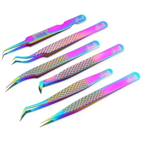 SIVOTE Eyelash Extension Tweezers Fiber Tips Japanese Steel, Set of 6 – Curved, Dolphin, 90° 45° Volume Boot & Slight Curved Tweezer – Professional Lash Tweezers for Lash Extensions Rainbow - 1