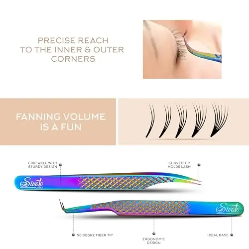 SIVOTE Eyelash Extension Tweezers Fiber Tips Japanese Steel, Set of 6 – Curved, Dolphin, 90° 45° Volume Boot & Slight Curved Tweezer – Professional Lash Tweezers for Lash Extensions Rainbow - 4