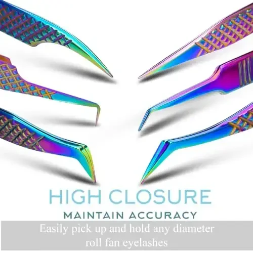 SIVOTE Kirpik uzaytirish uchun mo'ljallangan pinsetlar Fiber Uchlari Yapon po'lati, 6 dona to'plam – Egri, Delfin, 90° 45° Hajmli etik va ozgina egri pinset – Kirpik uzaytirish uchun professional kirpik pinsetlari Rainbow - 5