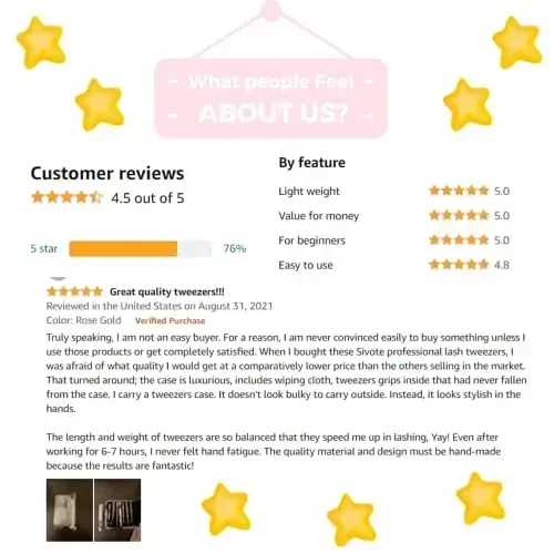 SIVOTE Kirpik uzaytirish uchun pinsetlar Fiber uchlari Yapon po'lati, 6 to'plam – Egri, Delfin, 90° 45° Hacimli etik va ozgina egri pinset – Kirpik uzaytirish uchun professional kirpik pinsetlari Oltin - 7