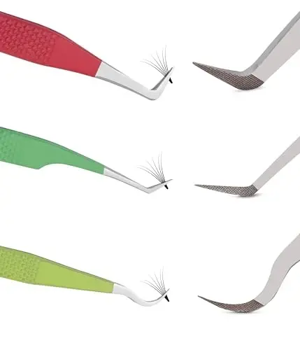 SIVOTE Lash Tweezers for Eyelash Extensions Fiber Tips, Set of 3, 45 Degree, Curved, Volume Boot, Dark Green Red Green - 1