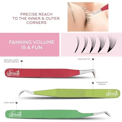 SIVOTE Lash Tweezers for Eyelash Extensions Fiber Tips, Set of 3, 45 Degree, Curved, Volume Boot, Dark Green Red Green - SIVOTE (1)
