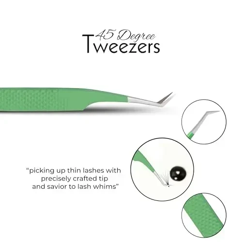 SIVOTE Lash Tweezers for Eyelash Extensions Fiber Tips, Set of 3, 45 Degree, Curved, Volume Boot, Dark Green Red Green - 5
