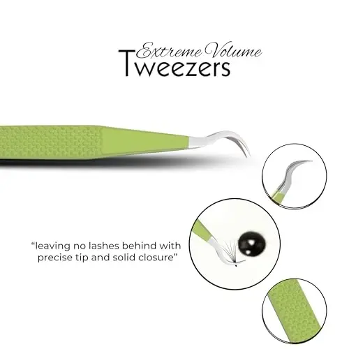 SIVOTE Lash Tweezers for Eyelash Extensions Fiber Tips, Set of 3, 45 Degree, Curved, Volume Boot, Dark Green Red Green - 4