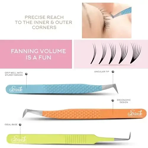 SIVOTE Lash Tweezers for Eyelash Extensions Fiber Tips, Set of 3, Volume, Volume Boot, 90 Degree Tweezers, Blue Yellow Orange - SIVOTE (1)