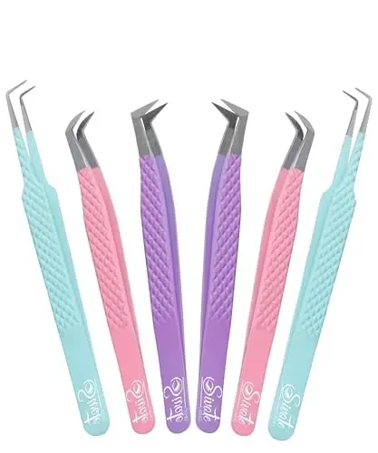 SIVOTE Lash Tweezers for Eyelash Extensions, Set of 6 - Volume, Volume Boot, Slim 90 Degree Tweezers with Fiber Tips in Pastel Colors, Ideal for Mega, Volume & Russian Lashes - Includes Leather Pouch 