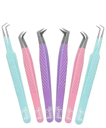 SIVOTE Lash Tweezers for Eyelash Extensions, Set of 6 - Volume, Volume Boot, Slim 90 Degree Tweezers with Fiber Tips in Pastel Colors, Ideal for Mega, Volume & Russian Lashes - Includes Leather Pouch - 12