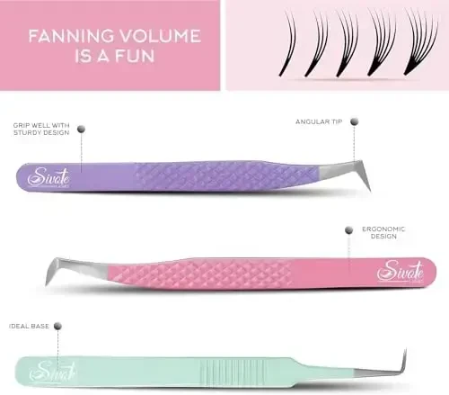 SIVOTE Lash Tweezers for Eyelash Extensions, Set of 6 - Volume, Volume Boot, Slim 90 Degree Tweezers with Fiber Tips in Pastel Colors, Ideal for Mega, Volume & Russian Lashes - Includes Leather Pouch - 11
