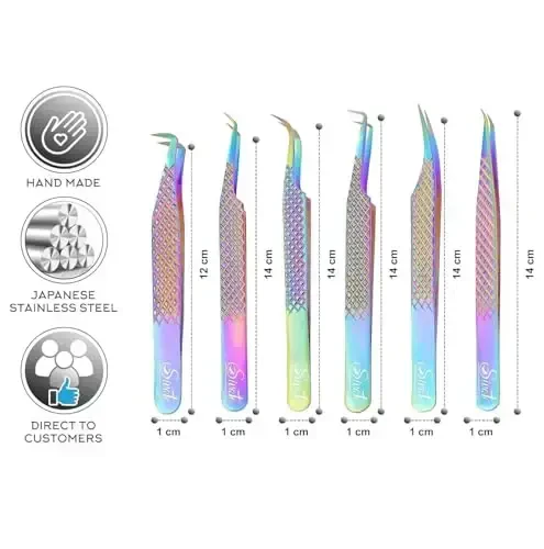 SIVOTE Пинцеты для наращивания ресниц Fiber Tips, набор из 6 штук, изогнутые, дельфин, 90 градусов, 45 градусов, Volume Boot & Slight Curved Tweezer, Rainbow - 4