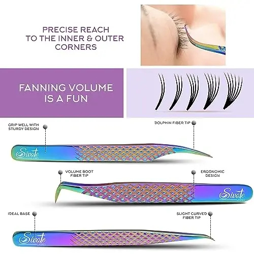 SIVOTE Пинцеты для наращивания ресниц Fiber Tips, набор из 6 штук, изогнутые, дельфин, 90 градусов, 45 градусов, Volume Boot & Slight Curved Tweezer, Rainbow - 3