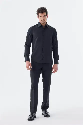 Siyah-1 Slim Fit Desenli İtalyan Yaka Klasik Kravatlık Pamuklu Gömlek - JAKAMEN (1)