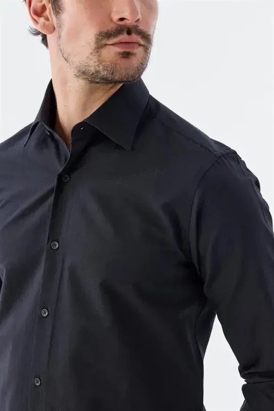 Siyah-1 Slim Fit Desenli İtalyan Yaka Klasik Kravatlık Pamuklu Gömlek - 3