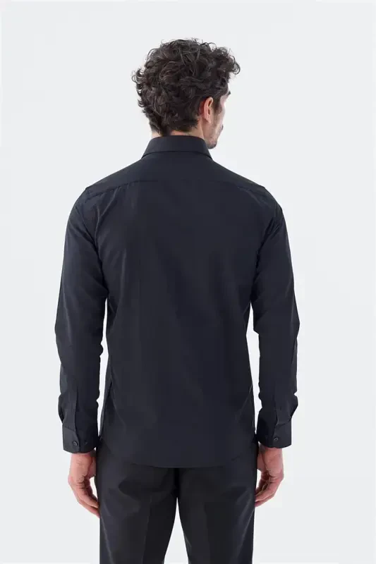 Siyah-1 Slim Fit Desenli İtalyan Yaka Klasik Kravatlık Pamuklu Gömlek - 4