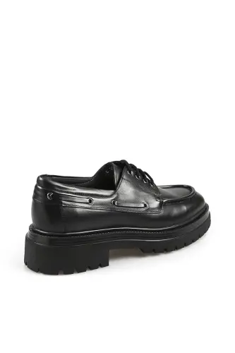 Siyah %100 Deri Bağcıklı Oxford Casual Ayakkabı - 3