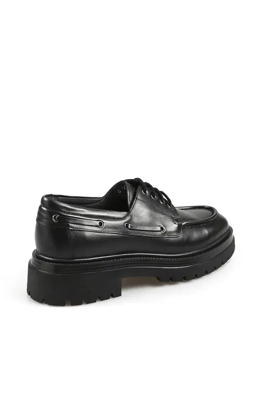 Siyah %100 Deri Bağcıklı Oxford Casual Ayakkabı - 3