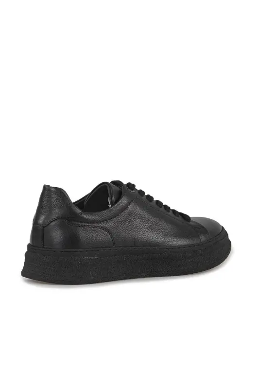 Siyah %100 Deri Dikişli Taban Sneaker Ayakkabı - 2