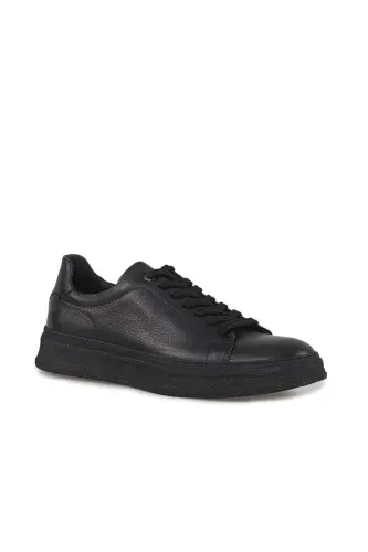 Siyah %100 Deri Dikişli Taban Sneaker Ayakkabı - 3
