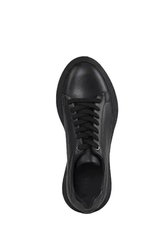 Siyah %100 Deri Dikişli Taban Sneaker Ayakkabı - 5