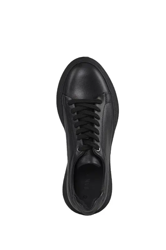 Siyah %100 Deri Dikişli Taban Sneaker Ayakkabı - 5
