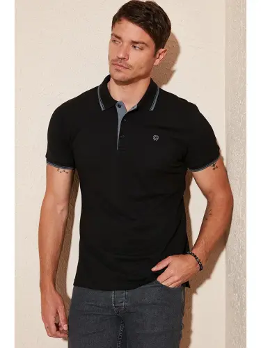 Siyah %100 Pamuk Düğmeli Slim Fit Polo Tişört 5902118-Siyah 