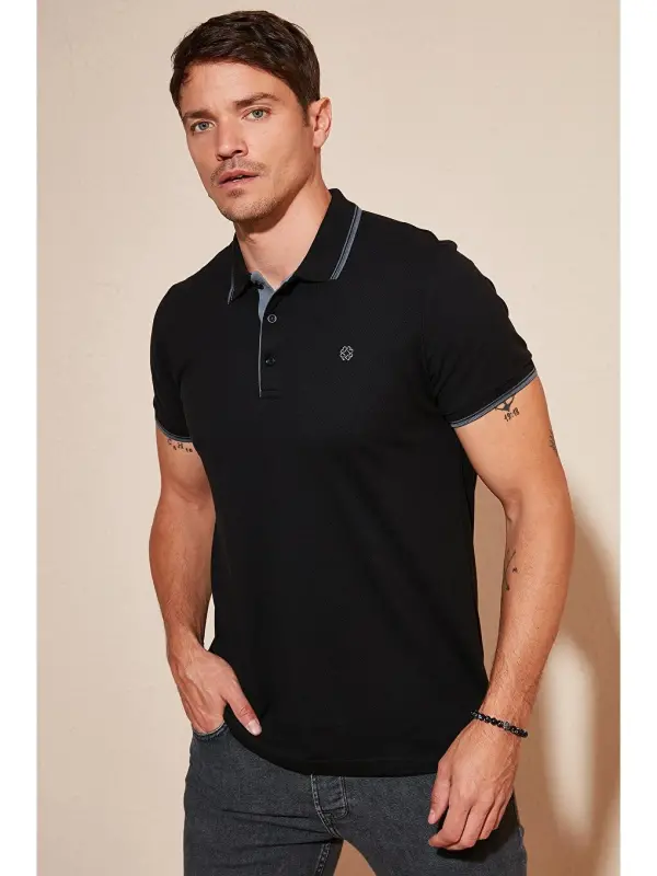 Siyah %100 Pamuk Düğmeli Slim Fit Polo Tişört 5902118-Siyah - 2