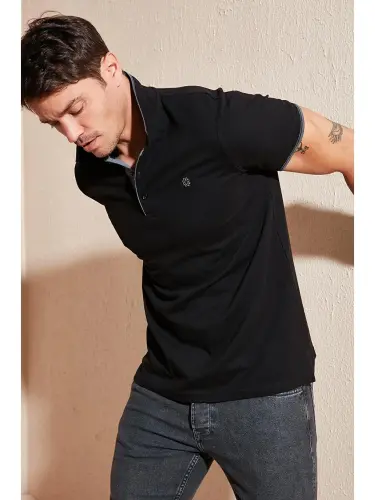 Siyah %100 Pamuk Düğmeli Slim Fit Polo Tişört 5902118-Siyah - 3